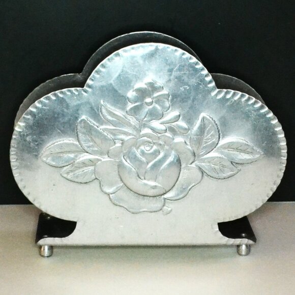 Vintage Everlast Forged Aluminium Napkin Holder Rose  And Flower Design Dining - Picture 1 of 6